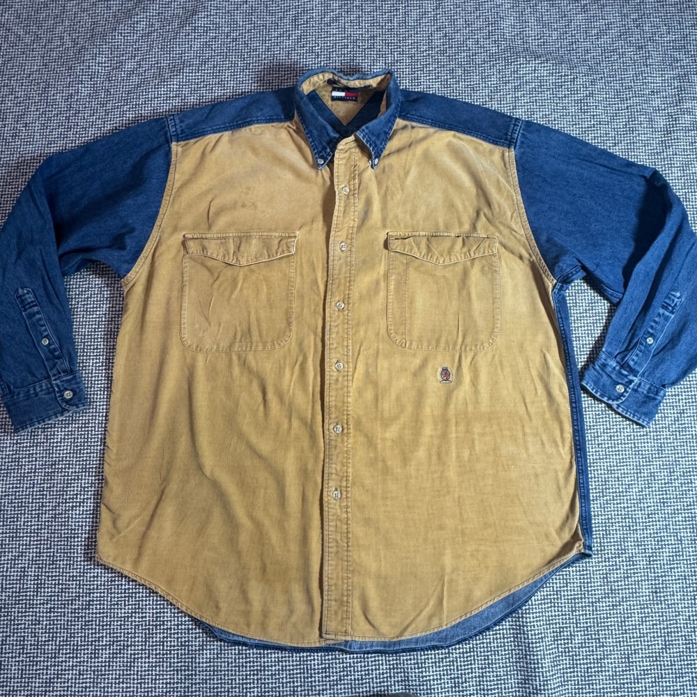 Tommy Hilfiger Vintage Corduroy Denim Mixed Media Shirt Tan Blue Mens Medium